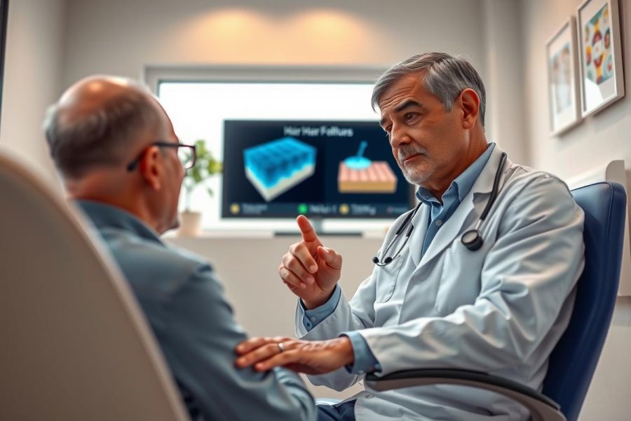 Doctor in a white coat discusses with a patient, seated in an office setting. The image conveys a healthcare consultation, highlighting medical expertise and patient care.