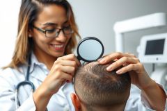 Doctor examining a patient's scalp with a magnifying glass in a clinic. Healthcare professional performing a skin check. Medical examination, dermatology, close-up view.