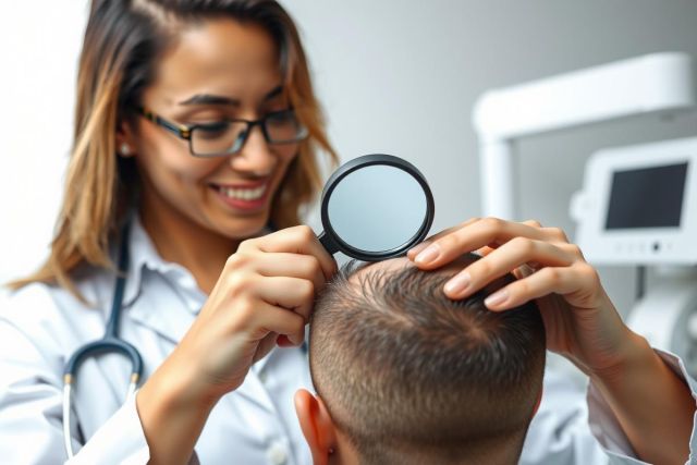 Doctor examining a patient's scalp with a magnifying glass in a clinic. Healthcare professional performing a skin check. Medical examination, dermatology, close-up view.
