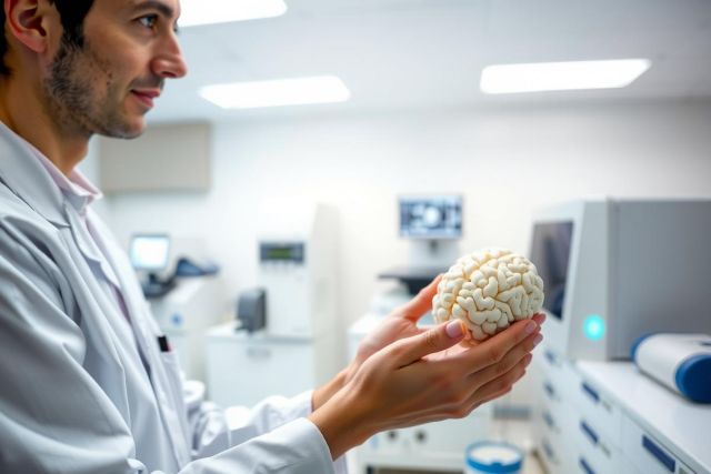 A scientist holds a 3D model of a human brain in a laboratory setting. The image showcases medical research and potentially neuroscience or neurology. The environment includes lab equipment and a sterile atmosphere.