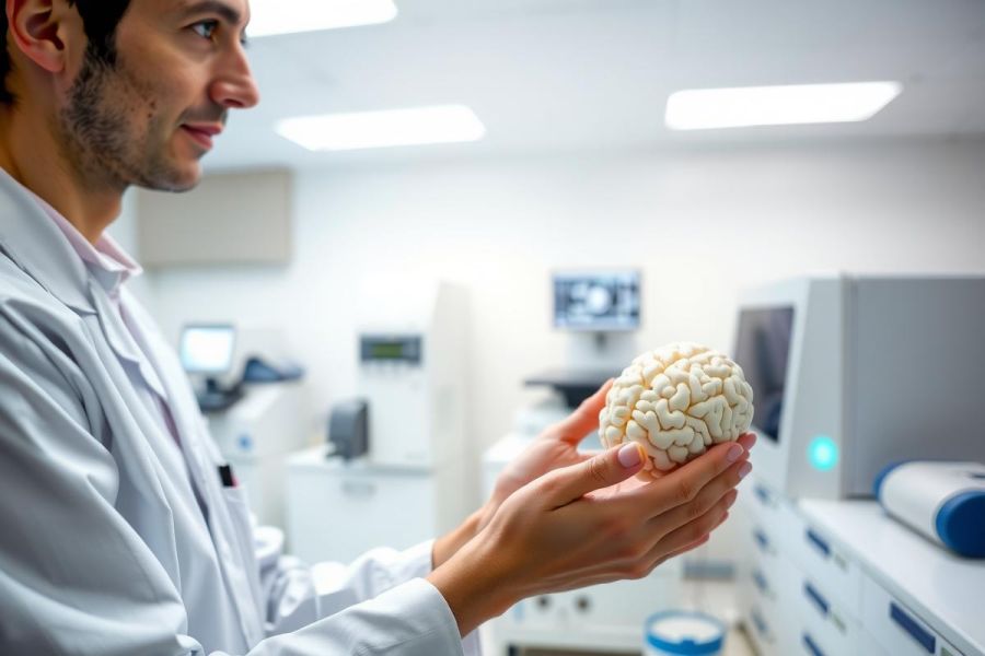 A scientist holds a 3D model of a human brain in a laboratory setting. The image showcases medical research and potentially neuroscience or neurology. The environment includes lab equipment and a sterile atmosphere.