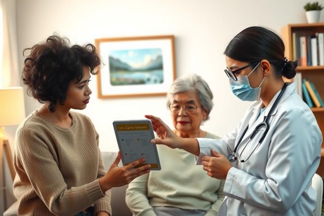 A doctor examines an elderly patient in a home setting, using a tablet to review medical information. The scene conveys healthcare, elderly care, and technology in a comfortable environment.