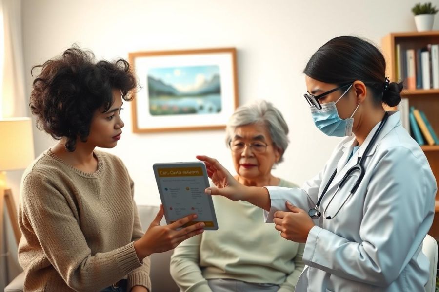 A doctor examines an elderly patient in a home setting, using a tablet to review medical information. The scene conveys healthcare, elderly care, and technology in a comfortable environment.