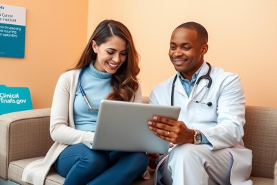 A professional medical office scene where a physician and a nurse are engaged in consultation. They share information on a tablet, possibly discussing patient care or healthcare topics.