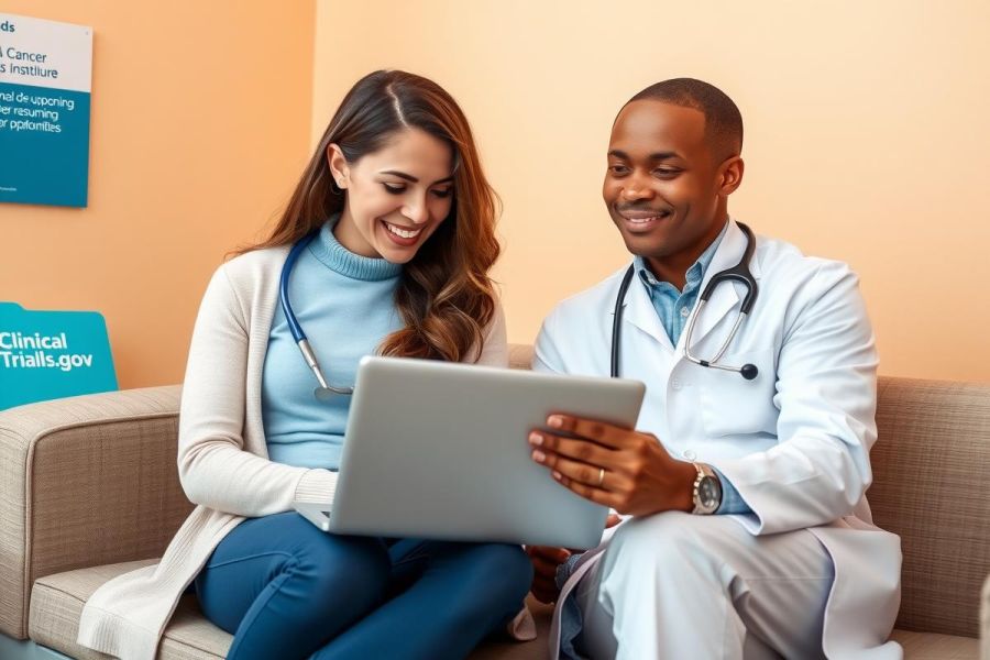A professional medical office scene where a physician and a nurse are engaged in consultation. They share information on a tablet, possibly discussing patient care or healthcare topics.