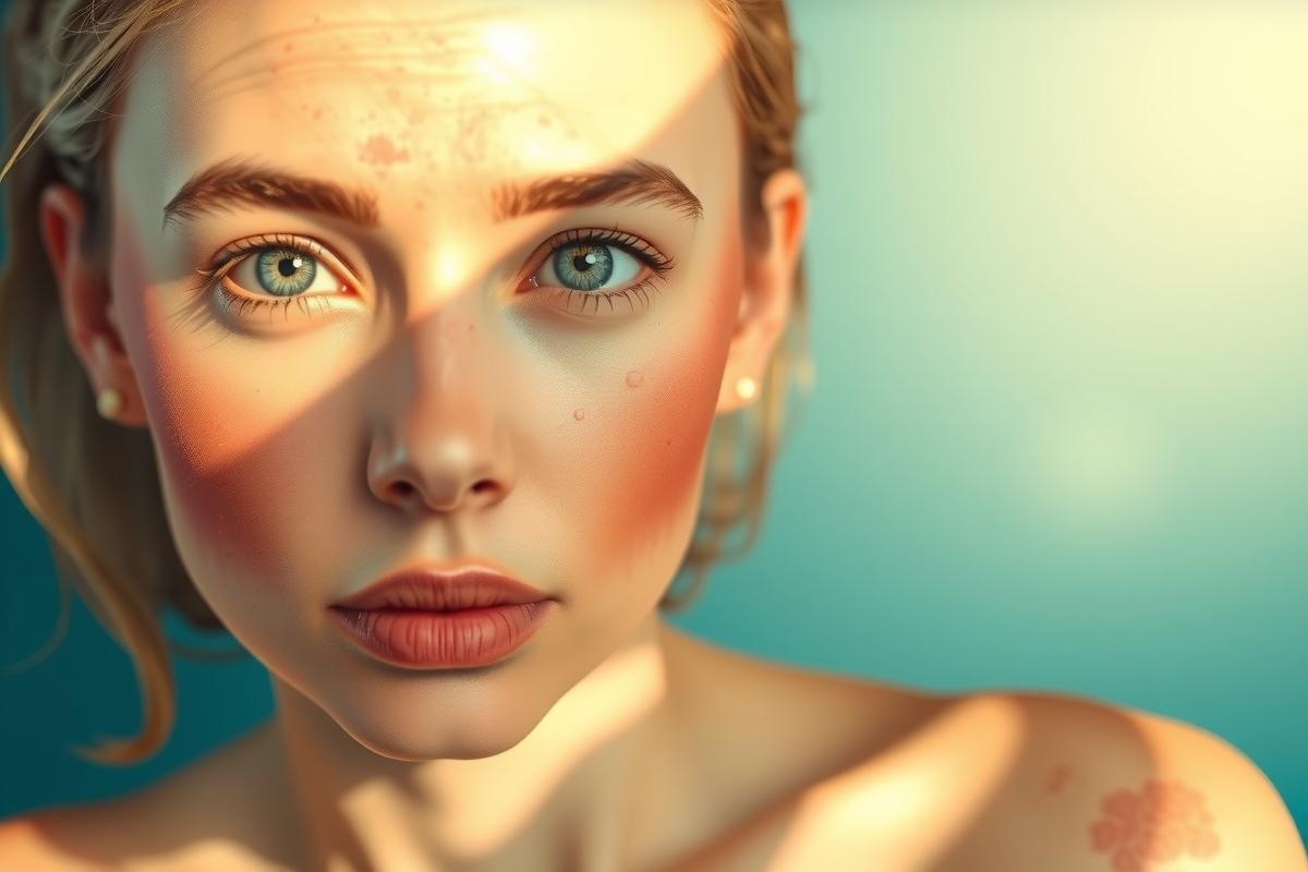The image depicts a young woman with her face partially obscured by sunlight. Her skin is light, and she has blue eyes. She has a neutral expression on her face. The woman's hair is light-colored.