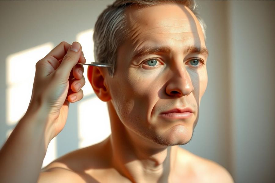 The image features a man sitting shirtless in front of a mirror. Another hand is applying makeup to the man's face, specifically on his cheeks and temples. The environment appears to be an indoor setting with natural lighting coming through the window behind him.