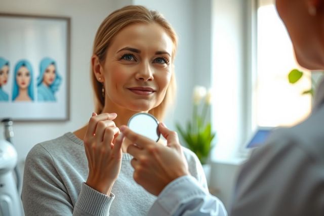 Woman looking in a mirror, applying makeup. Soft lighting and a neutral background create a serene, beauty-focused atmosphere. Close-up portrait showcasing skincare and makeup application.