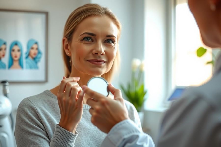 Woman looking in a mirror, applying makeup. Soft lighting and a neutral background create a serene, beauty-focused atmosphere. Close-up portrait showcasing skincare and makeup application.