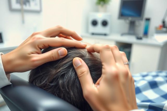 A doctor examines a patient's head, likely performing a neurological assessment. The scene takes place in a medical office setting with equipment visible in the background. The doctor wears a blue shirt.