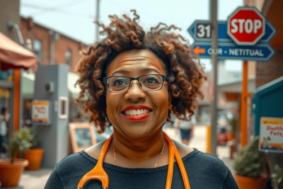 The image features a cheerful woman with curly hair standing on a street corner. She is wearing an apron over a black top, and she has glasses and a big smile on her face. In the background, there are various signs indicating shops in a commercial area.