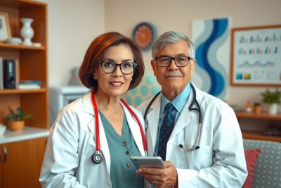 This is a colorful, vibrant photograph of an elderly woman and man both wearing white coats with stethoscopes around their necks. They are positioned in a modern office setting with medical charts on the wall in the background. The woman appears to be showing something on her tablet screen to the older gentleman, suggesting they might be reviewing patient information or discussing treatment plans.