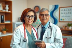 This is a colorful, vibrant photograph of an elderly woman and man both wearing white coats with stethoscopes around their necks. They are positioned in a modern office setting with medical charts on the wall in the background. The woman appears to be showing something on her tablet screen to the older gentleman, suggesting they might be reviewing patient information or discussing treatment plans.