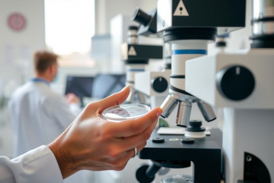 Scientist holding a petri dish in a laboratory setting. Focus on microbiology research, biology, and scientific analysis with lab equipment visible in the background.