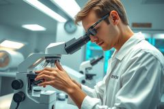 Scientist using a microscope in a lab. Wearing a white coat and safety glasses, focused on detailed analysis. Laboratory setting with equipment visible in the background.