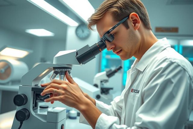 Scientist using a microscope in a lab. Wearing a white coat and safety glasses, focused on detailed analysis. Laboratory setting with equipment visible in the background.