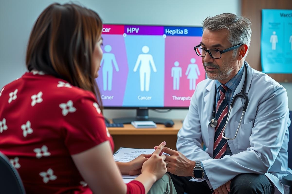 The image depicts a professional setting, likely an office or clinic. In the center of the frame is a man dressed in a doctor's coat and stethoscope around his neck, indicating that he is a medical professional. He is seated with a woman who appears to be a patient, as they engage in what seems to be a discussion about health matters or medical advice. The environment is clean and well-lit, typical of a modern healthcare facility.