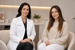 Doctor and patient seated in a clinic consultation, calm cosmetic medicine setting.
