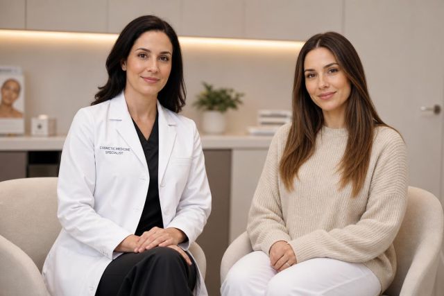 Doctor and patient seated in a clinic consultation, calm cosmetic medicine setting.