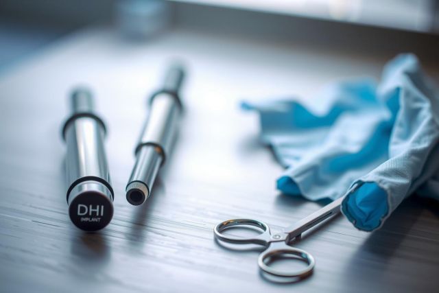 Medical equipment including syringes, gloves, and scissors on a surface. Focus on healthcare tools, sterile environment, and blue tones. Close-up shot.
