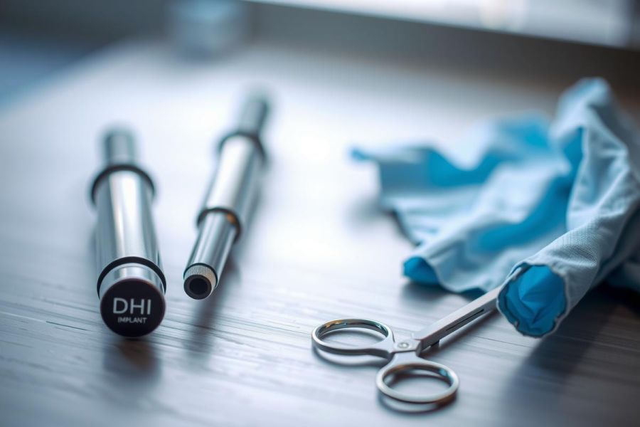 Medical equipment including syringes, gloves, and scissors on a surface. Focus on healthcare tools, sterile environment, and blue tones. Close-up shot.