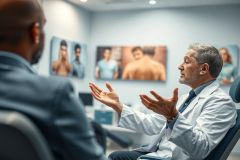 Doctor consults with a patient in a modern, blue-toned clinic. The physician, wearing a white coat, gestures while speaking. Artwork depicting human anatomy is visible on the wall, suggesting a medical or cosmetic procedure discussion. Healthcare, consultation, and patient care themes.