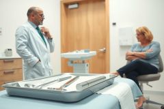 Doctor examining a patient in a medical office. The scene features a surgical tray with instruments and a clinical setting with a patient seated on an examination table. The colors are predominantly blue and white.