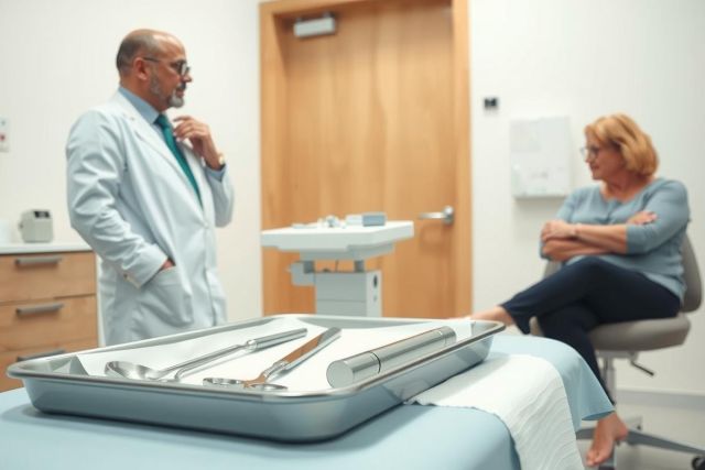 Doctor examining a patient in a medical office. The scene features a surgical tray with instruments and a clinical setting with a patient seated on an examination table. The colors are predominantly blue and white.