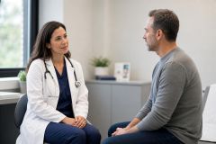 Doctor consulting a male patient in a calm clinic room, discussing lung health risk factors.