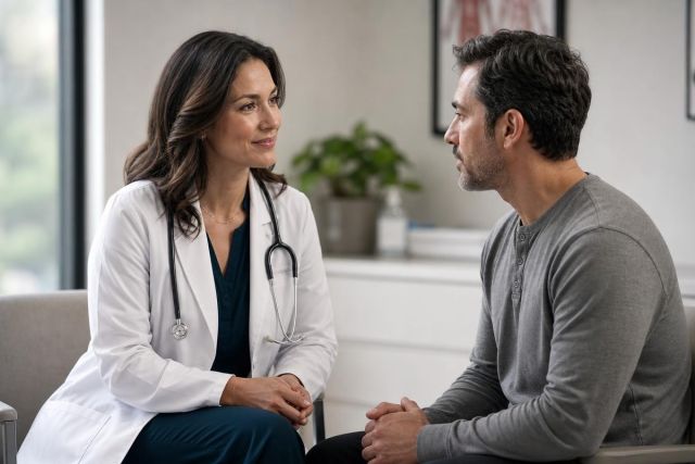 Doctor consulting with middle-aged male patient in a calm clinic exam room, conversational pose.