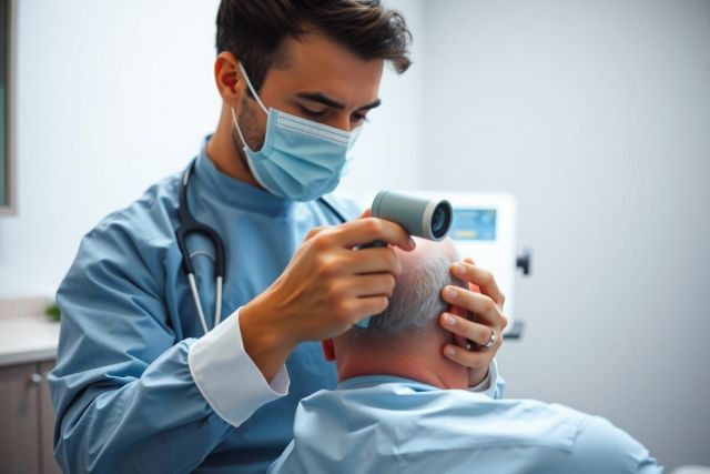 Doctor examines patient's head with an otoscope in a medical setting. Blue scrubs, close-up, healthcare, diagnosis, examination, medical professional.