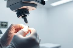Close-up of a gloved hand holding a small component under a microscope in a clean laboratory setting. Focus on precision engineering, quality control, and scientific research. Cool, neutral tones and a modern aesthetic.