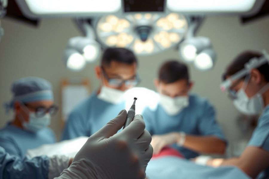 Surgical procedure in progress. A medical team wearing scrubs and masks operates on a patient in a brightly lit operating room. Focus on gloved hand holding surgical instrument.