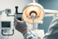 Close-up of a surgeon holding an endoscope during a medical procedure. Bright surgical lights illuminate the scene in a sterile operating room setting. Focus on precision and medical technology.