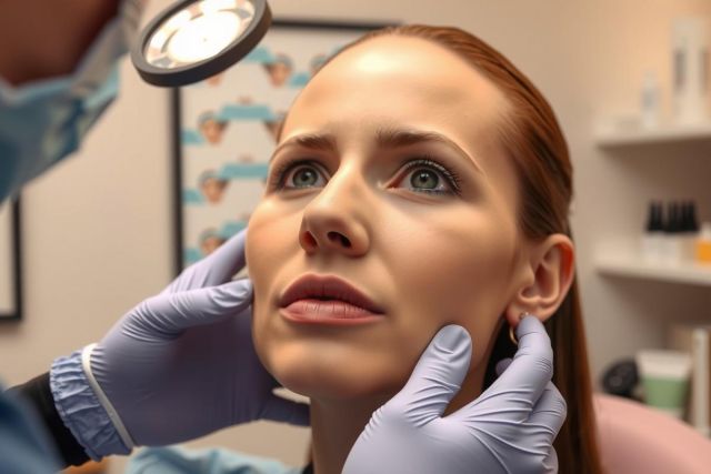 In a dental or medical office, a professional wearing gloves examines a patient's mouth and facial skin with a mirror and light to ensure proper hygiene and visibility. The woman being examined has red hair and appears to be relaxed during the procedure.
