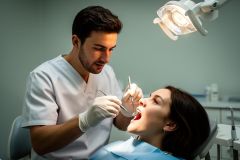 Dentist examining a patient's open mouth under an overhead dental light, discussing restorative dental options.