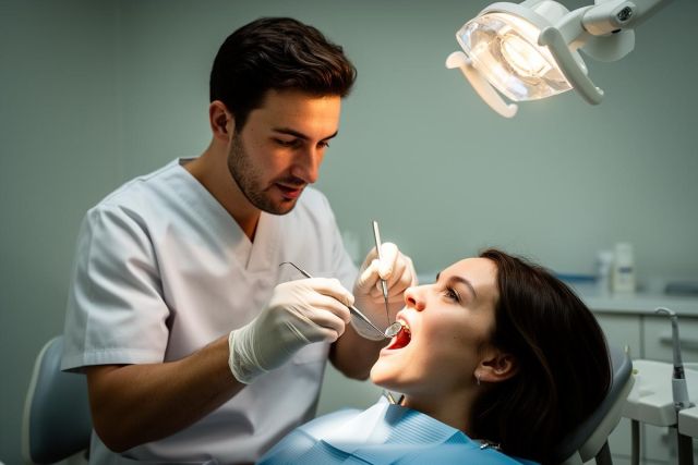 Dentist examining a patient's open mouth under an overhead dental light, discussing restorative dental options.