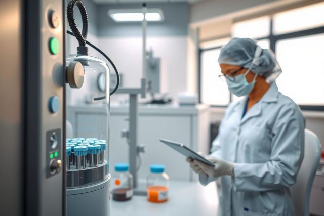 Scientist in a lab coat and mask reviews data on a tablet. The image shows a cleanroom environment with lab equipment, emphasizing research and medical technology.