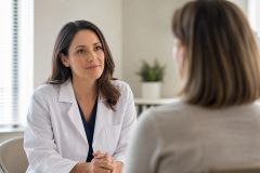 Physician in white coat attentively consulting a patient in a calm clinic office.