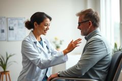 Doctor consulting with a patient in a bright, modern medical office. A smiling Asian female doctor wearing a lab coat discusses health with a middle-aged man. Focus on healthcare, consultation, and patient care in a clinical setting. Neutral color palette with green accents from plants.