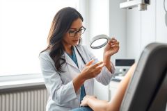 A female doctor in a white coat examines a patient's skin with a magnifying glass in a bright, modern medical clinic. Focus on dermatology, skin health, and medical examination. Clinical setting with neutral colors and professional atmosphere.