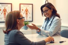 Doctor in white coat consulting with a patient in a bright, modern medical office. Focus on communication and healthcare setting.