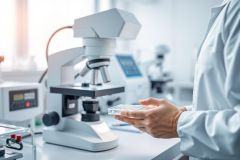 Laboratory scene featuring a scientist examining a slide under a microscope. Bright, modern lab setting with white surfaces and equipment. Focus on scientific research, microscopy, and medical analysis. Clean, professional image with a bright, airy feel.