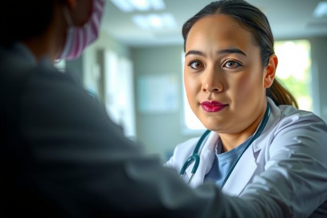 The image shows a doctor in a clinical setting, examining a patient. The doctor is wearing medical attire and has her hand on the patient's chest, possibly checking for vital signs or performing an examination.