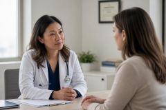 Doctor in white coat listening empathetically to patient during a calm clinical consultation.