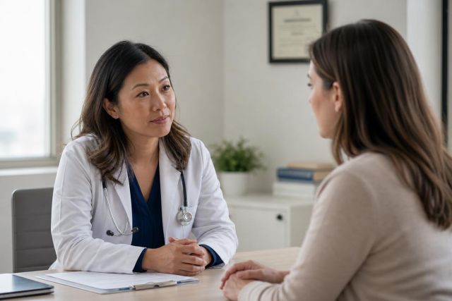 Doctor in white coat listening empathetically to patient during a calm clinical consultation.