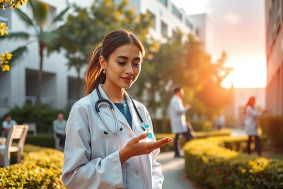 The image shows a young woman, possibly a medical professional, in a white coat with a stethoscope around her neck. The setting is a well-lit outdoor area at sunset with palm trees visible and other people in the background, possibly indicating a medical facility or campus.