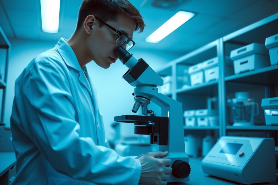 Scientist examining a sample under a microscope in a lab. Brightly lit environment with equipment and shelves visible. Focus on research and scientific discovery.