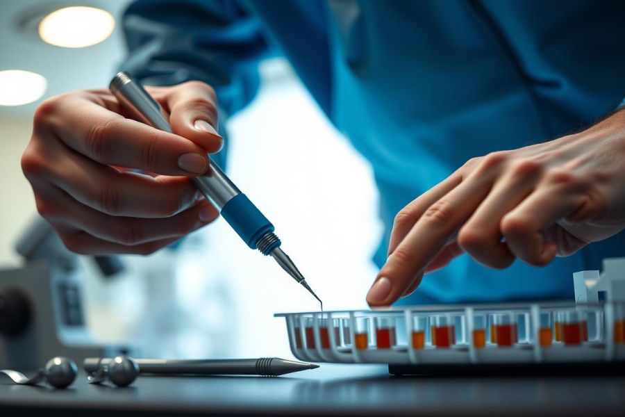 Laboratory technician pipetting into microtest tubes. Close-up of a scientist's hands in a lab setting, using equipment for research or analysis. Blue lab coat, scientific research, biotechnology, medical testing.