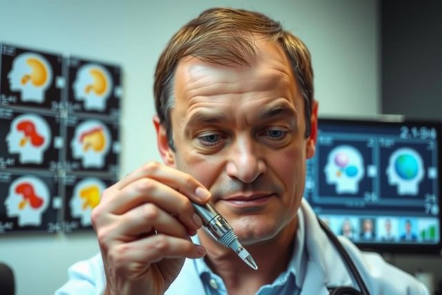 A man wearing a lab coat examining blood under a microscope with a serious look on his face. The image is set within a professional medical environment, likely a lab or clinic, indicated by the medical equipment and patient charts in the background.